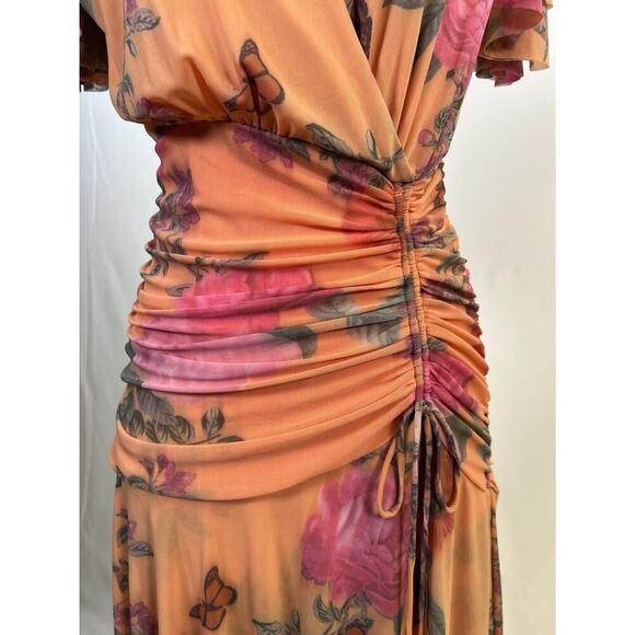 NWOT Anthropologie Maeve Simone Mesh Floral Ruched Midi Dress Orange Medium - Picture 14 of 16